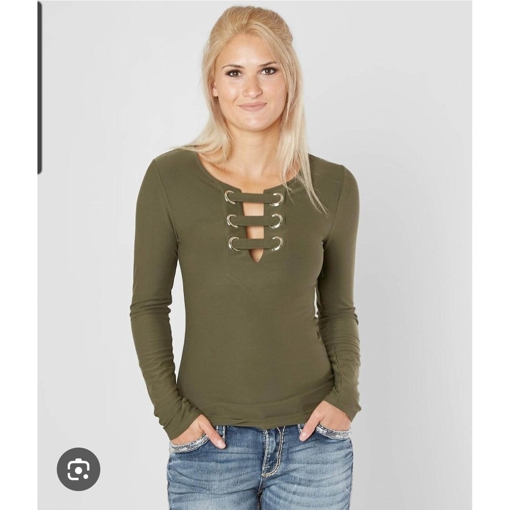 Daytrip Strappy Long Sleeve Olive Green Gromet Shirt Women's Sz S, Stretch Soft